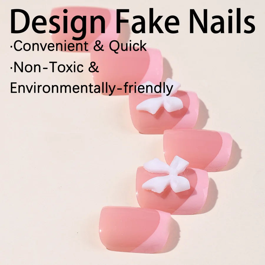 24pcs French pink toe nail designs White Bow | Summer Press On Nail for Feet