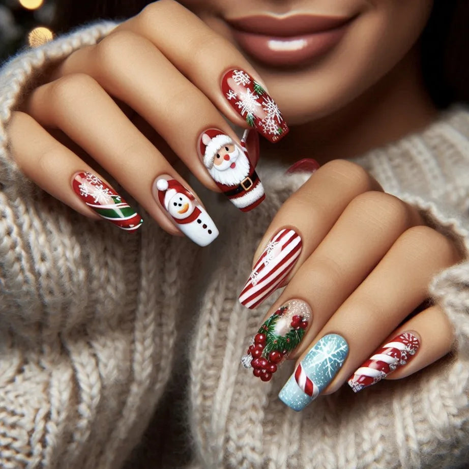Snowman Xmas Nails |  Santa Claus Print Fake Nail Tips | Long Coffin False Nails for Girls