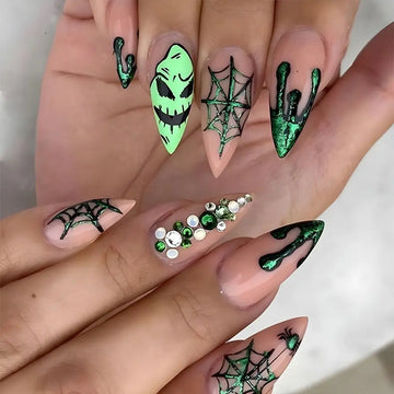 24 Halloween Nails Easy | Wearable Nails Set Black Almond Nails Set Press on | Rhinestone Reusable
