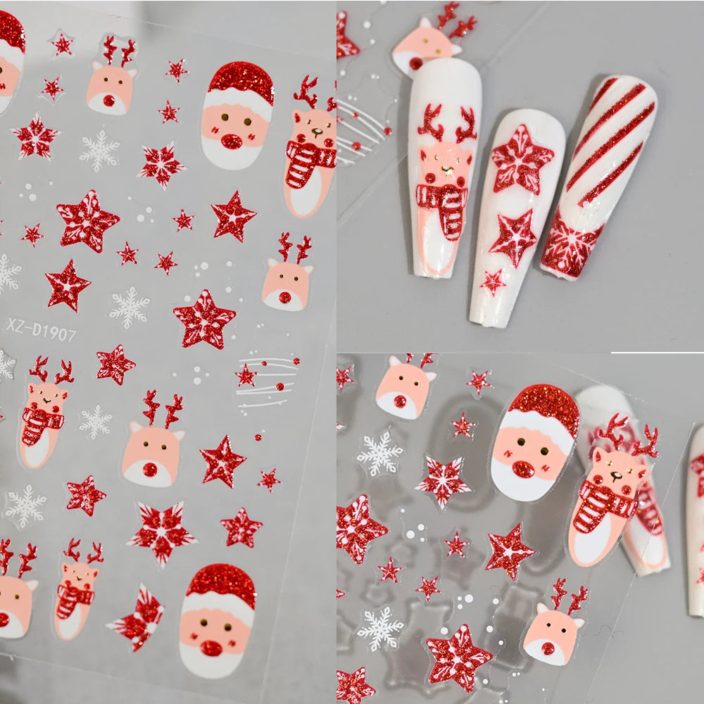 1Pcs 5D Winter Red Nails | Winter Red Deer Antler Hat Snowflakes Nail Art Sticker