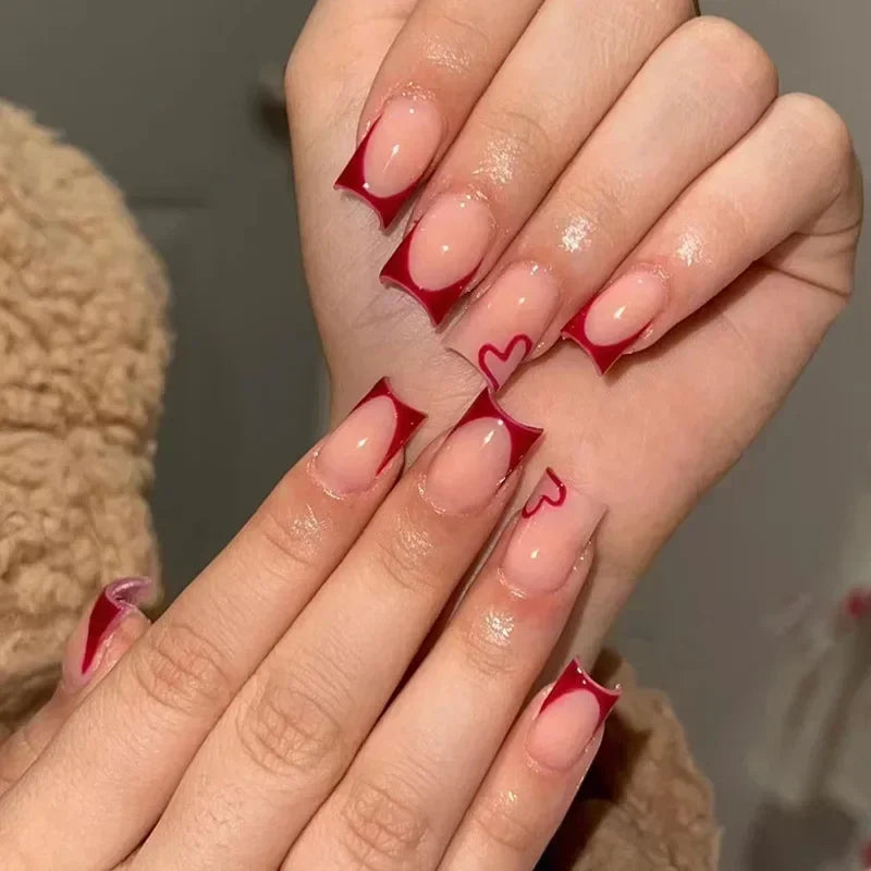 24Pcs Valentine's Day Fake Nails | Press Ons Red Heart Inlaid Diamond False Nails | Acrylic Short Square Nail