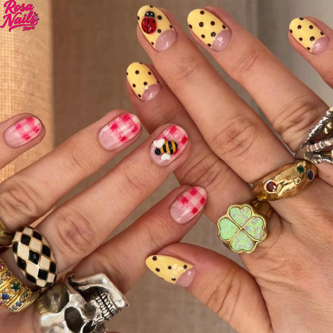 10 3d Ladybug Nails | Pink Yellow Handmade Round Nail Presson | Polka Dot Ladybug