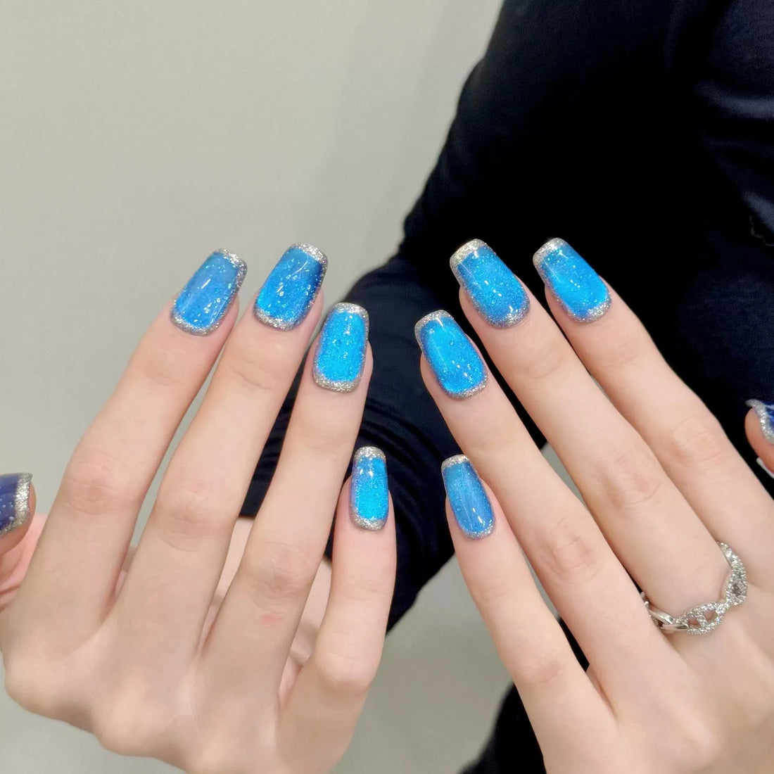 10 Bright Blue Cat Eye Nails | Sea Bubble Decor Glitter French Fake Nails | Nail Art