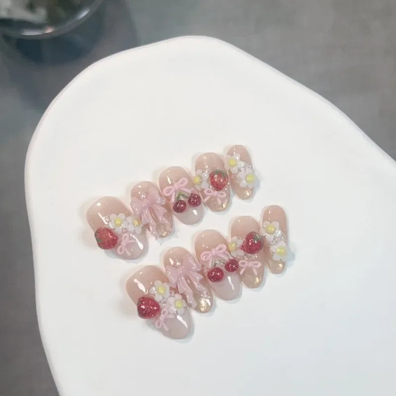 10 Bow And Cherry Nails Pink | Handmade Press on Nails | 3D Bow Cherry Nails