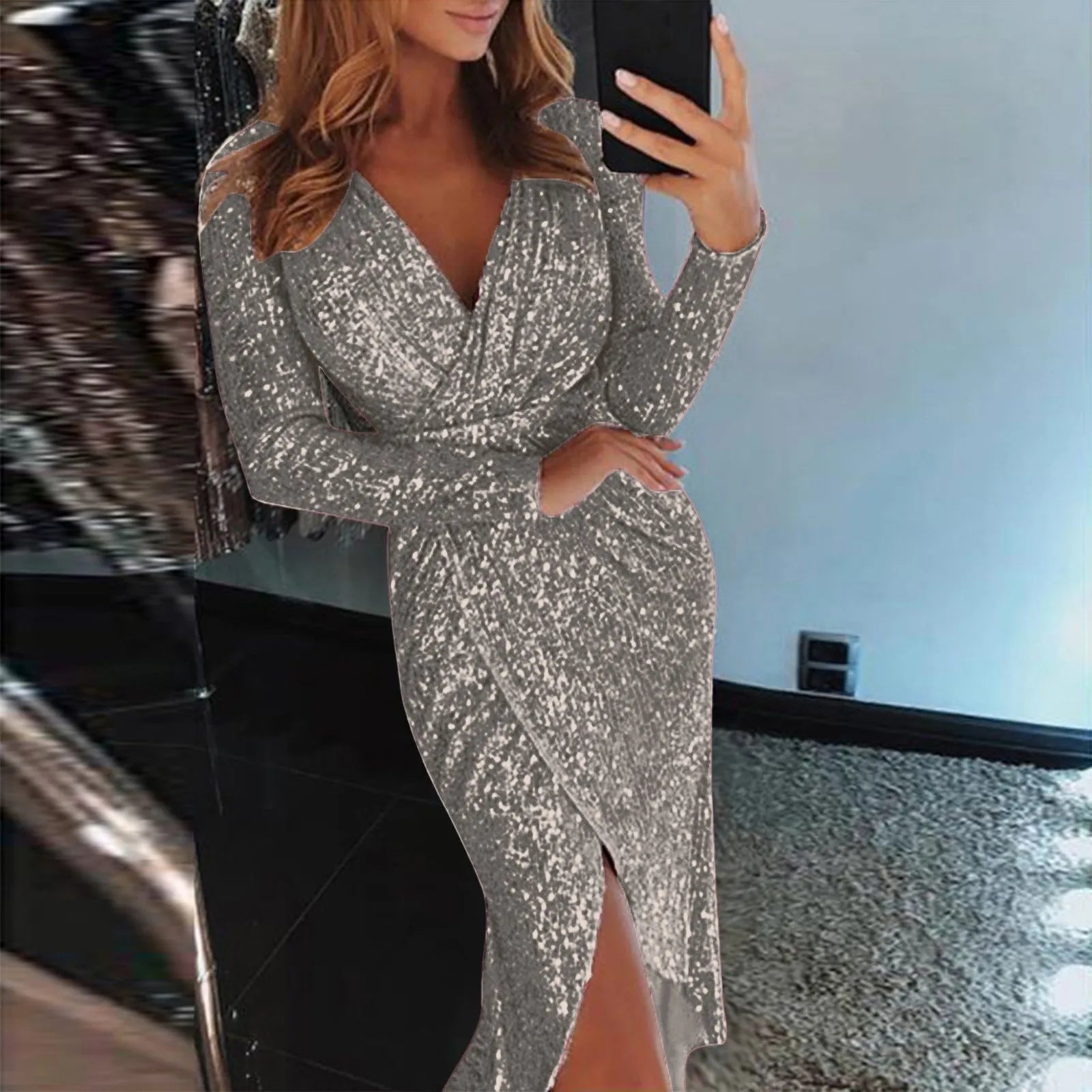 New Trendy Gold Sliver Party Dress Women front split