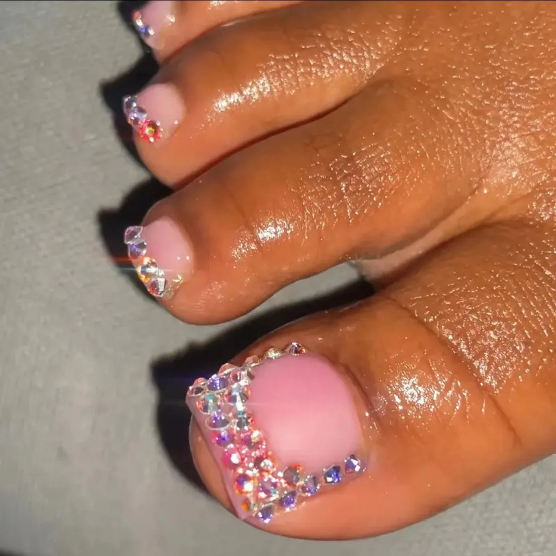 24 Light Blue French Tip Toenails | 3D Flower Bow Rhinestone Detachable Full Cover Nails Tips