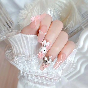 24pcs Light Pink Nails With Design | Cute Rabbit Decor Reusable False Nails