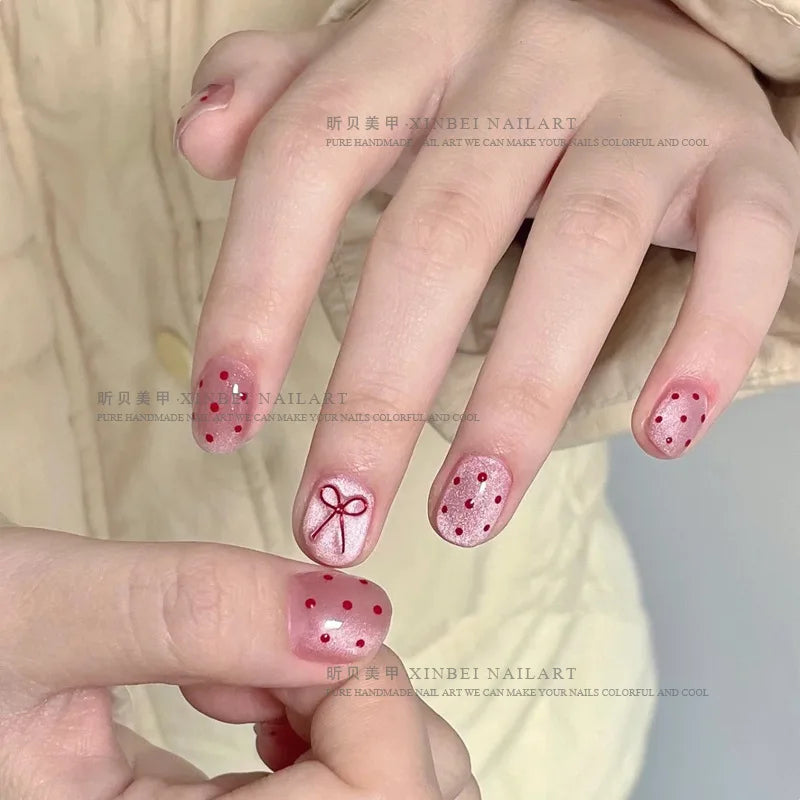 10 Short polka dot nails | Solid Color Designs with 3D Bow for Women