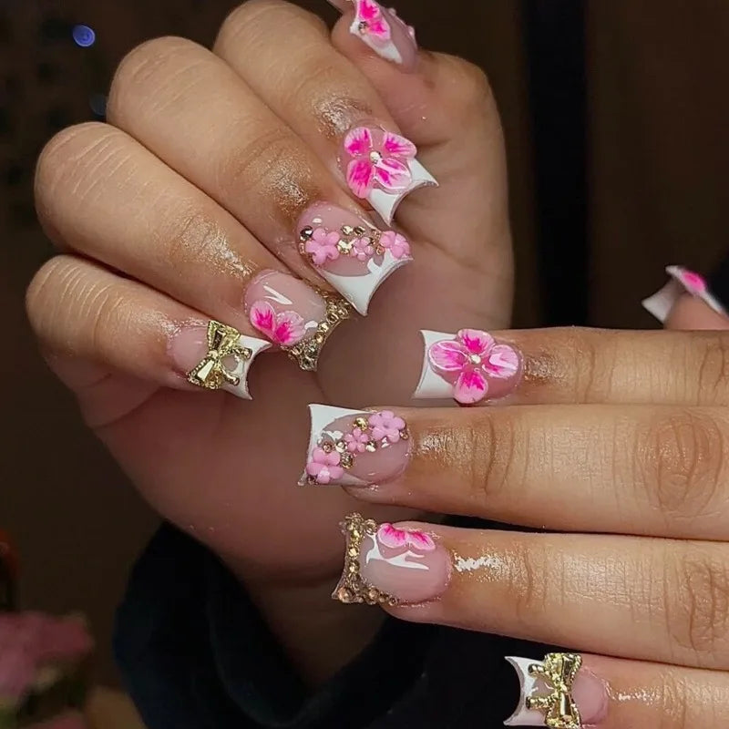 24 3d Flower Press On Nails | Rhinestone Bow Decor Acrylic False Nails