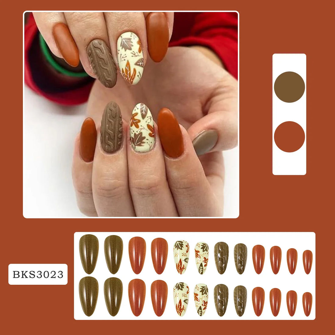 24 Fall Press on Nails | Short Almond Fake Nails | Acrylic Nails with Fall Leaf Design
