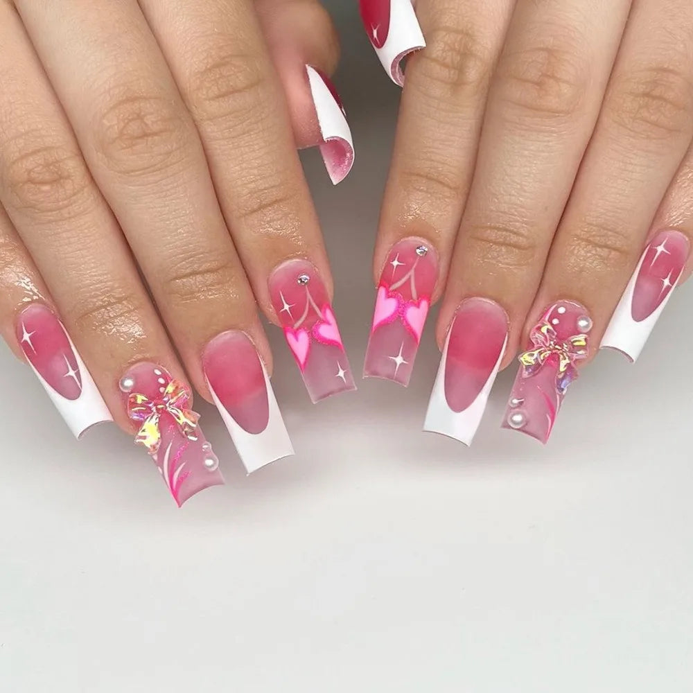 24 Coffin Nails Shape | Long Ballet False Nails French With Rhinestones Artificial Handmade coffin Fake Nails