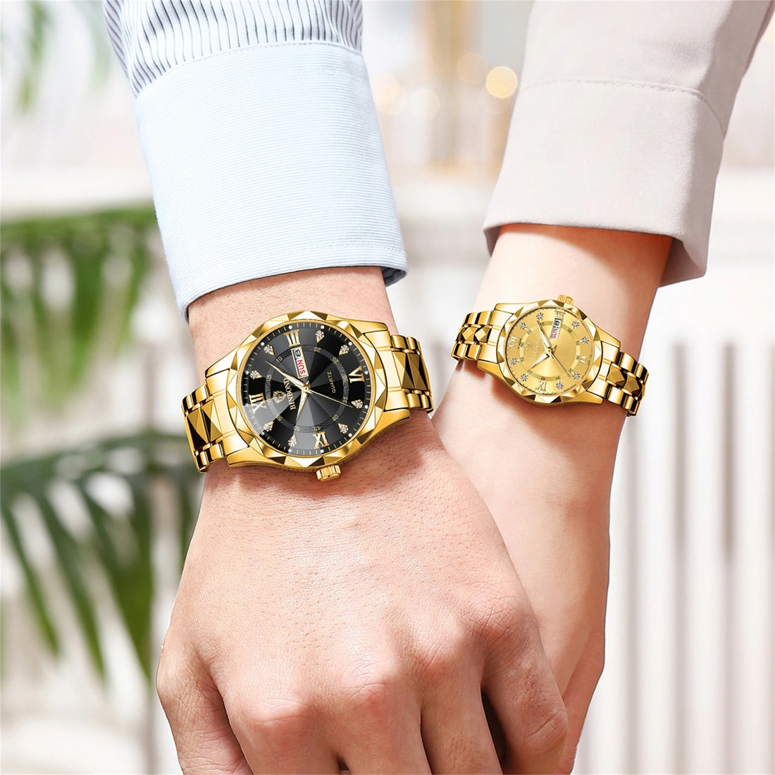 2pcs/set  Couple Watches for Men and Women | 316 Stainless Steel Strap Gold and Silver Blue dial English Week Calendar Date Display