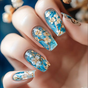 24pcs/set Elegant Touch Nails | Flowers leaf gradient color | Square almond tips press on nail art