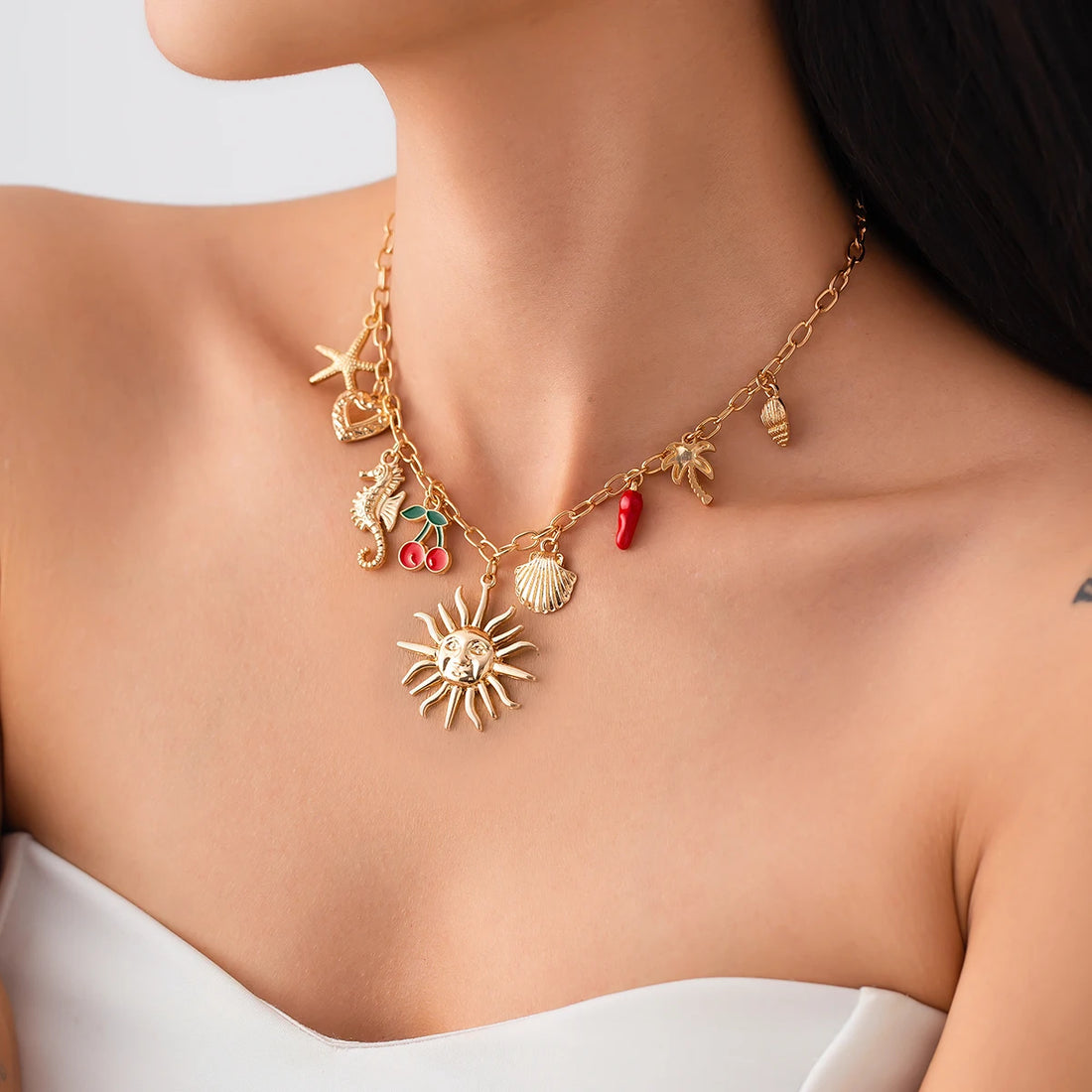 SHIXIN Classic Starfish Coconut Tree Conch Sun Pendant Necklace for Women | DIY Christmas Gifts