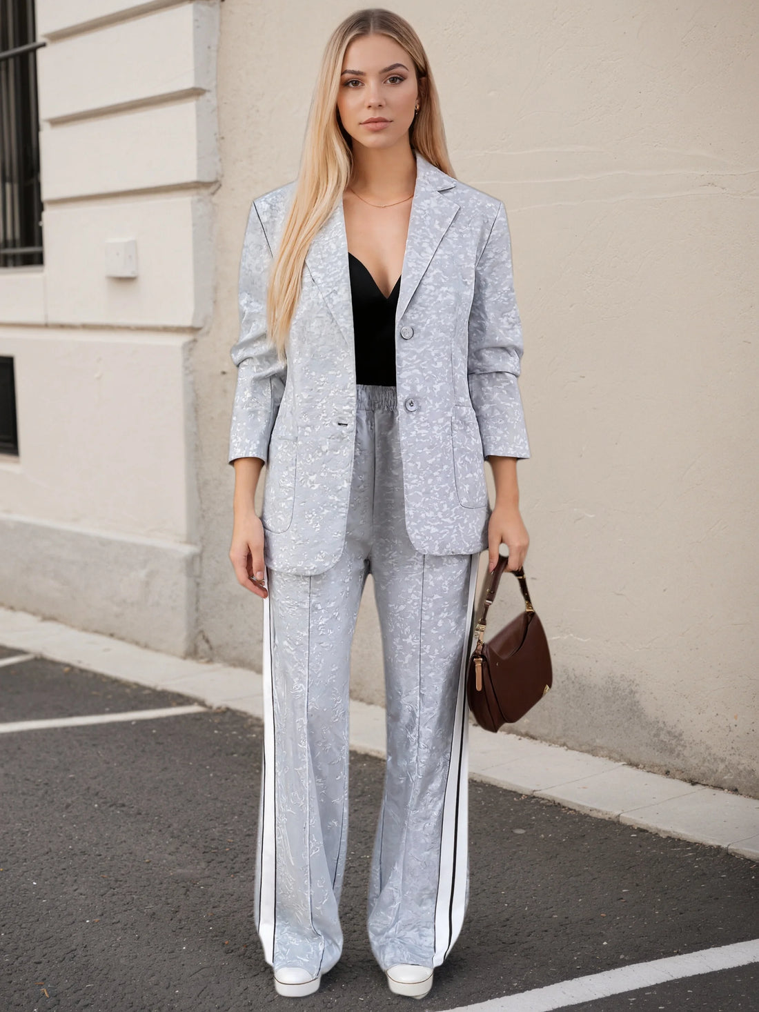 Knitted Coat And Pants | Coat and Pants Set - Long Sleeve, Collar, with Side Stripe Details