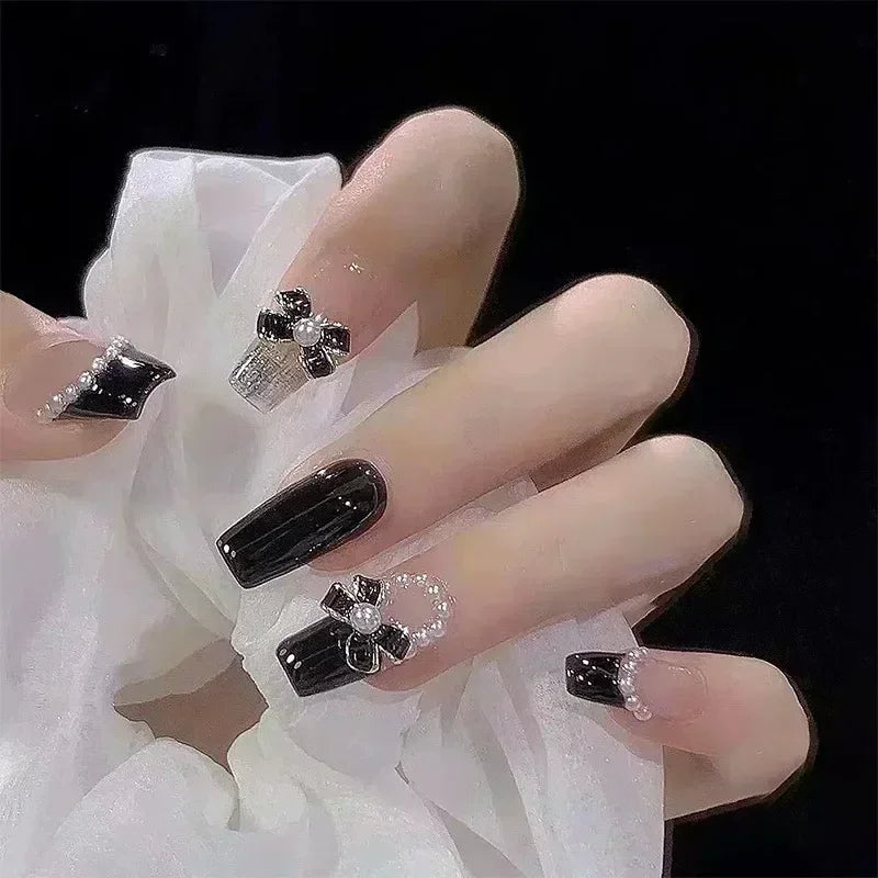24 Black Bow Nail Art | Wearable Fake Nails Press on Square Head False Nails