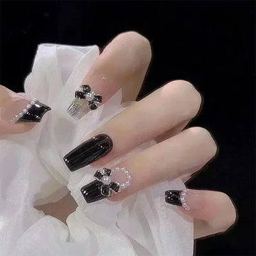 24 Black Bow Nail Art | Wearable Fake Nails Press on Square Head False Nails