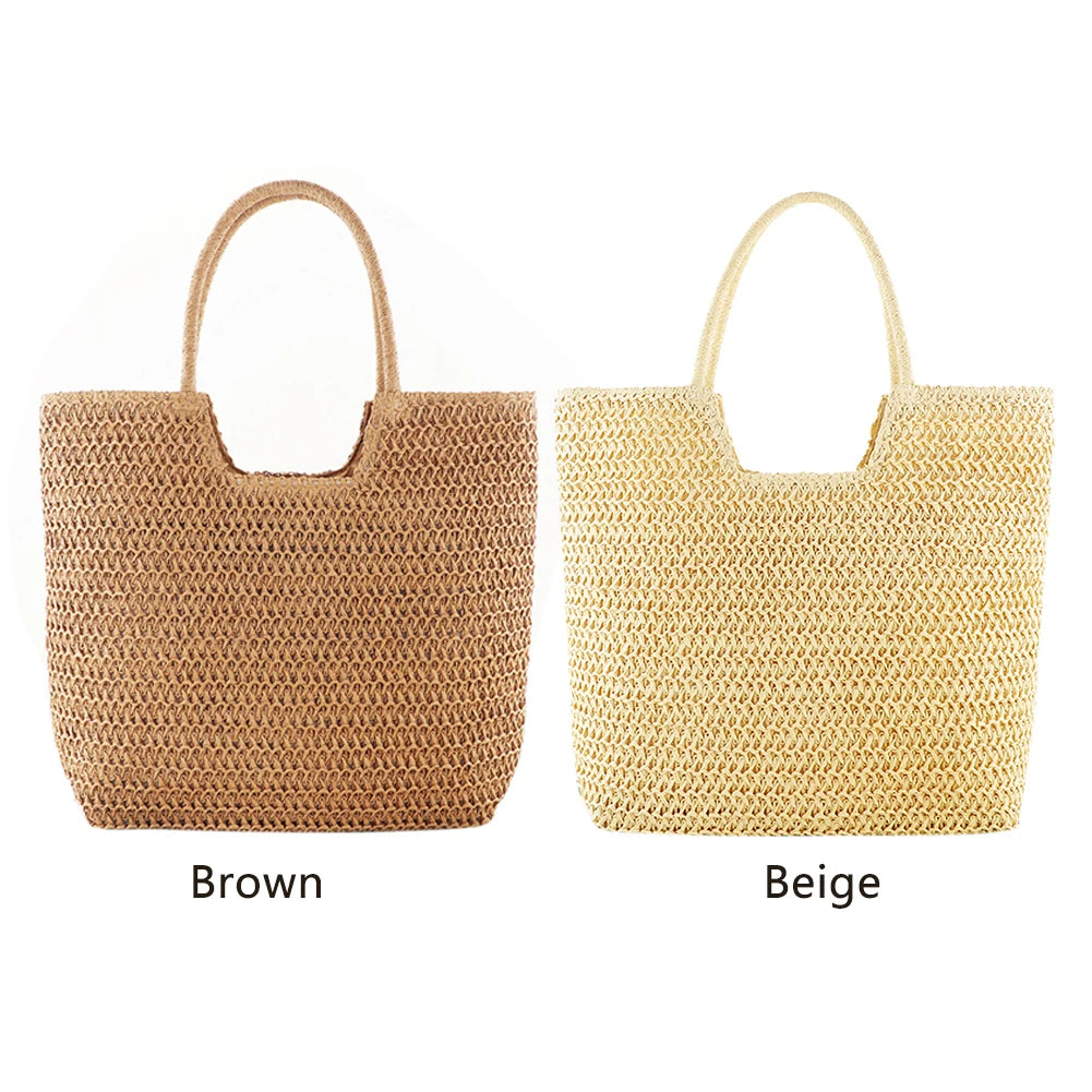 Women Straw Tote Bag | Large Capacity Vintage Shoulder Bag | Solid Color Weaving Travel Handbag
