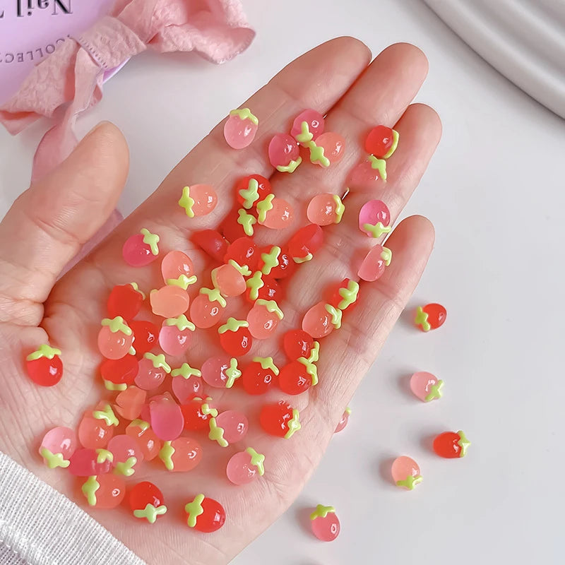 50 PCS Creative Cherry Red Nails | Colorful Strawberry Resin Nail Art Decorations DIY