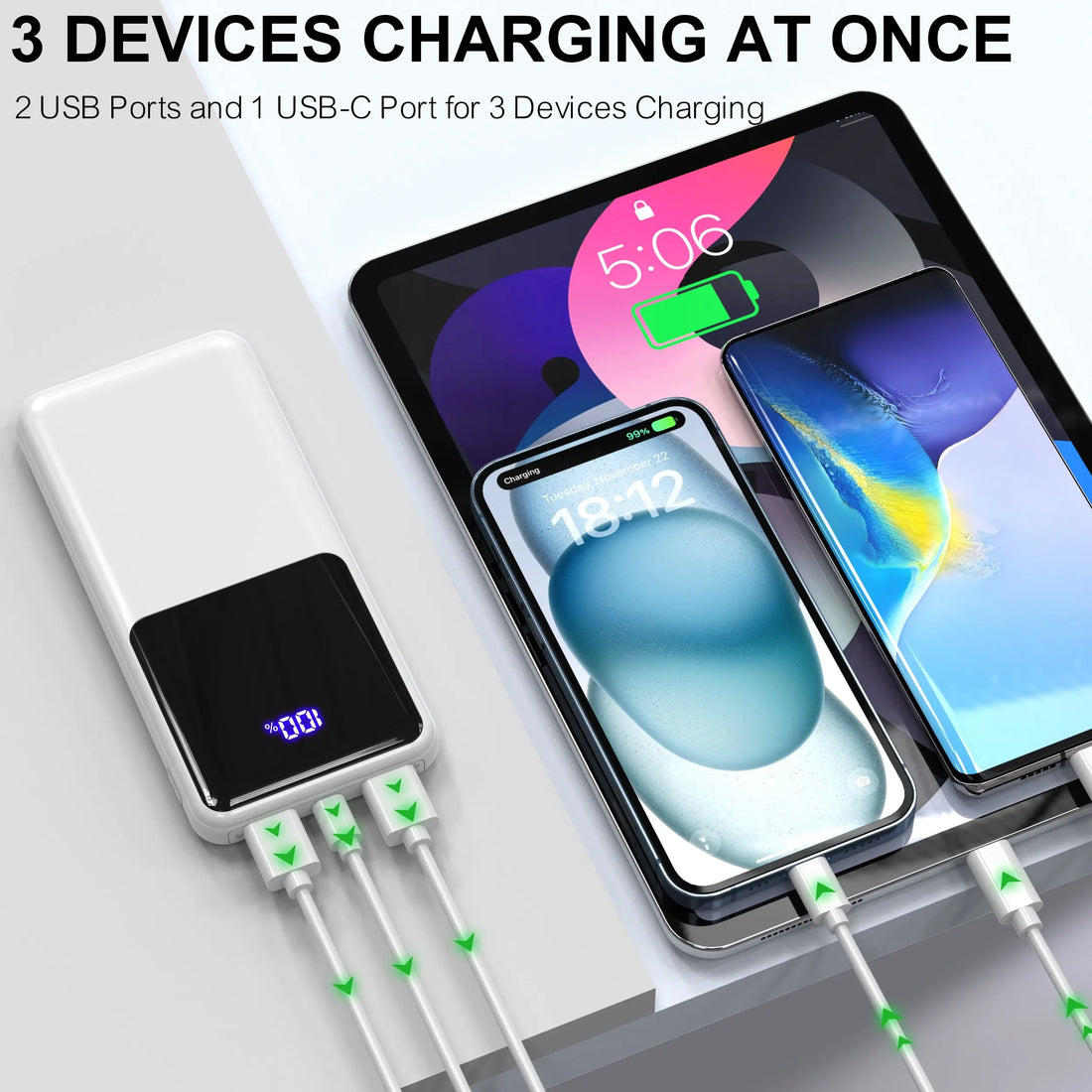 Power Bank Battery Pack Portable Charger, 10000mAh, PD 22.5W, 3 Outputs & 2 Inputs with LCD Display