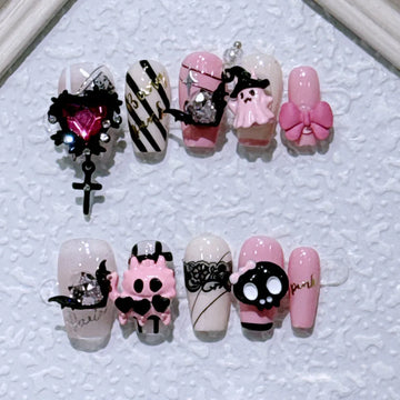 Devil Nails For Halloween | Pink Bow Cartoon Short Nail Art