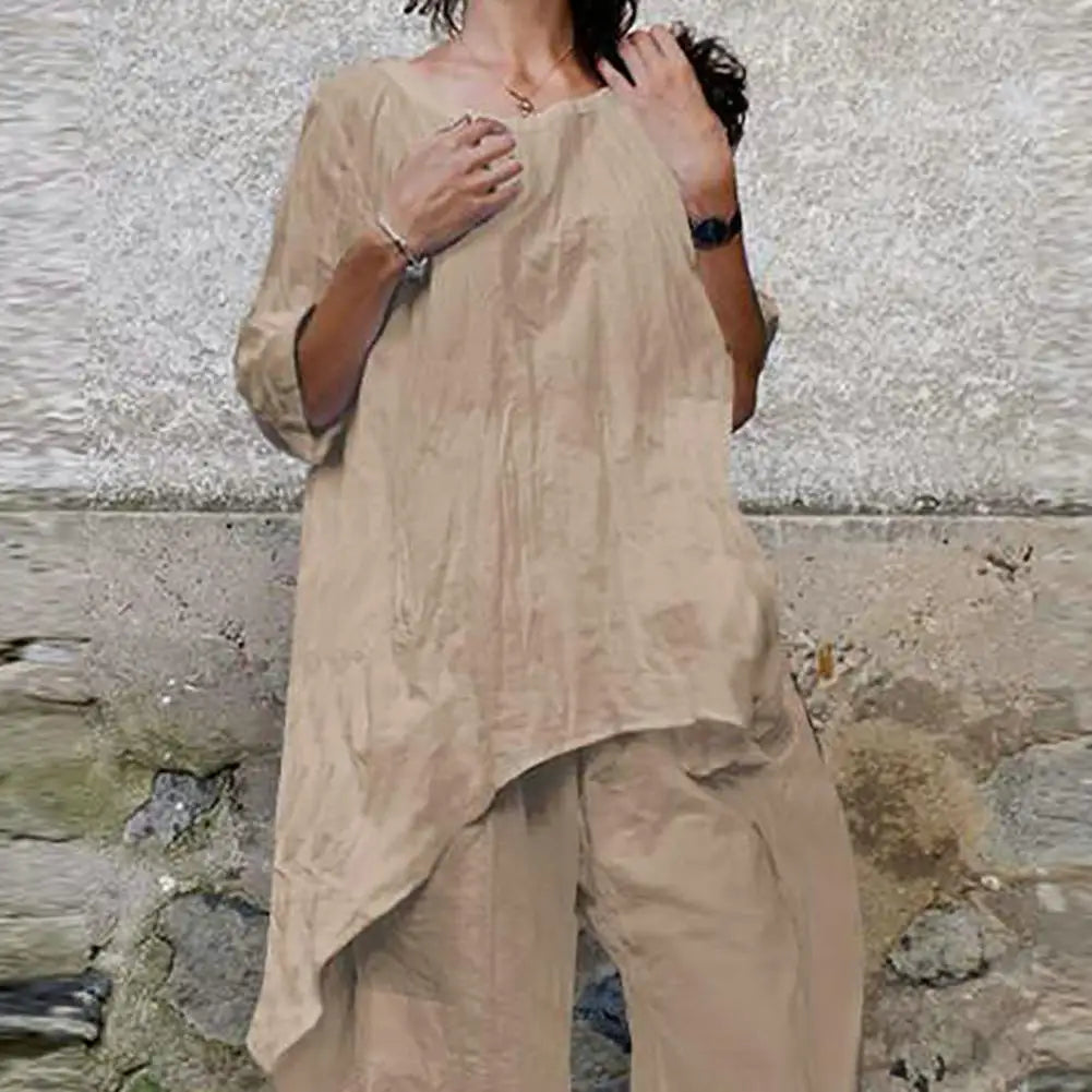 Women Summer set | Two-Piece Set Women Outfit Shirts Pants | Cotton Linen Solid Color Wide Leg Trousers
