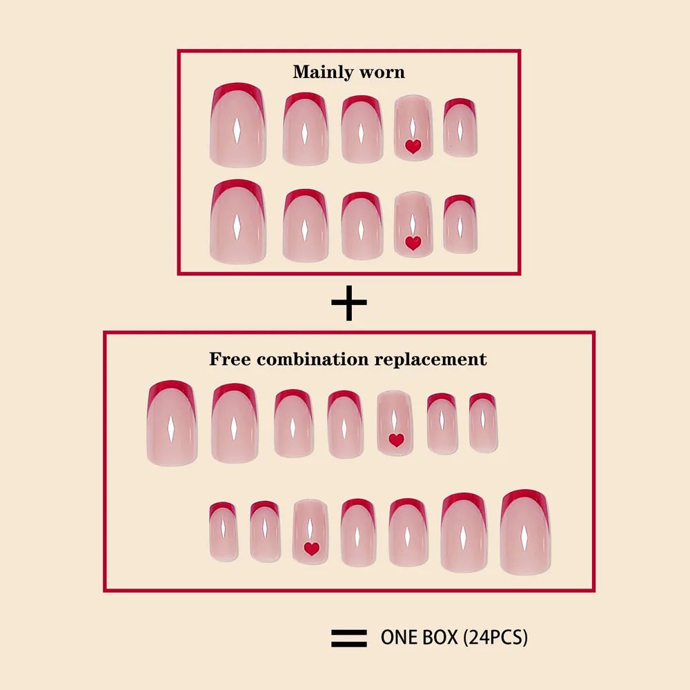 24 Heart Nails Design | Women Girls medium Square French Red Border Heart Printed Glossy Nail Art