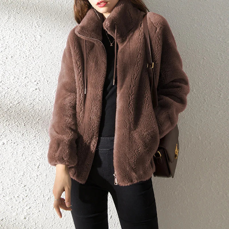 Women Winter Double Coral Fleece Jacket | Coat Stand Collar Plush Thick Overcoat
