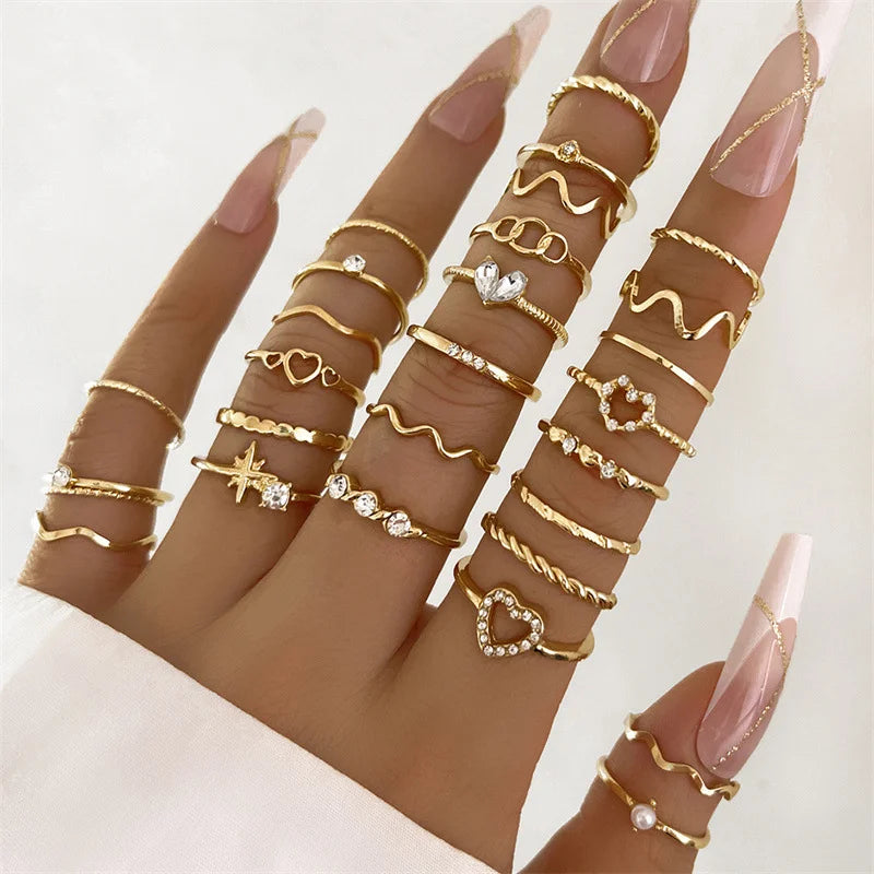 Vintage Rings Set | Fashion Geometric Knuckle Rings Set For Women | Vintage Crystal Heart Gold Color Rings