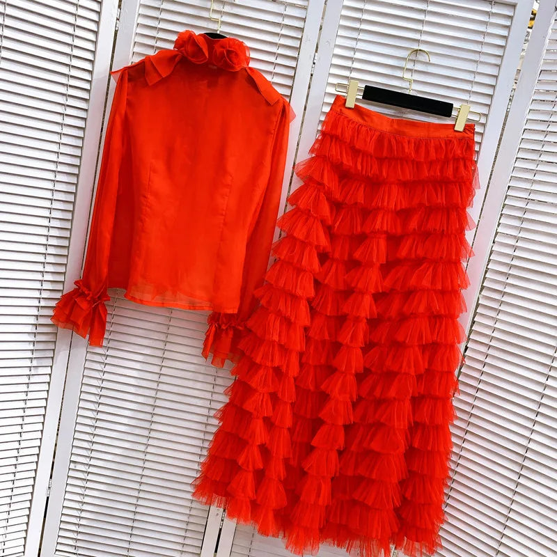 Chiffon Shirts | French Elegant Commuter Lace-up Bow Flared Sleeve Chiffon Shirts High Waist | Long Skirt Two-piece Set Women