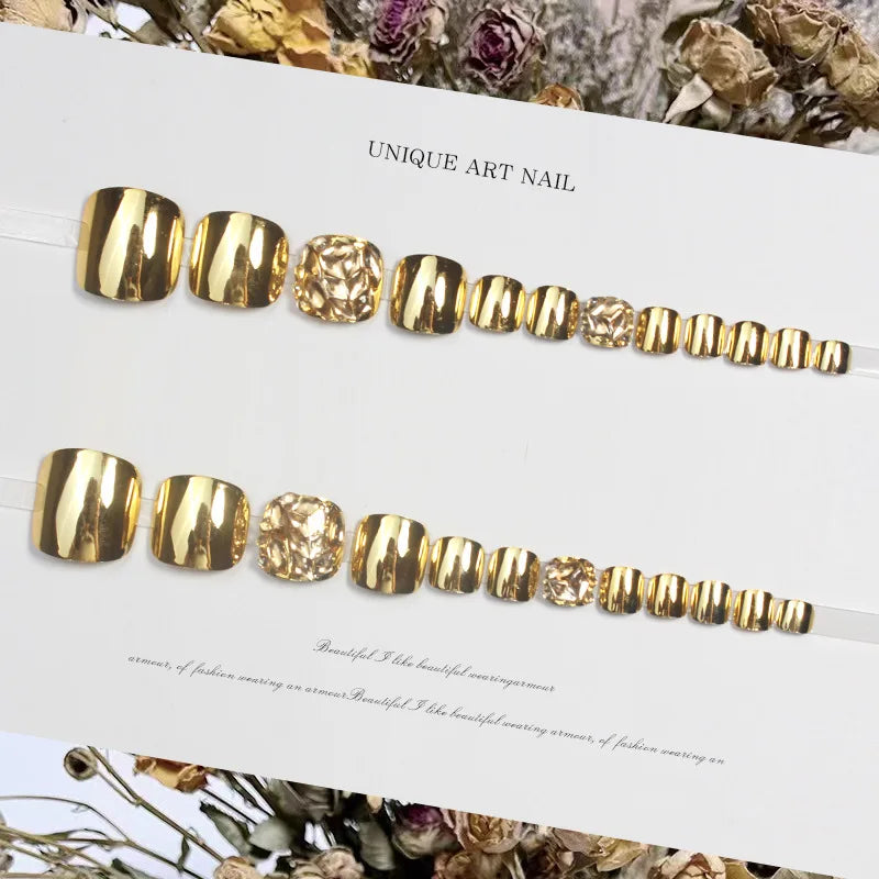 New Summer Gold Toe Nails Design | Press On Glitter Mirror Fake Toe Nail Stickers Full Cover Feet Nail Tips False Nails