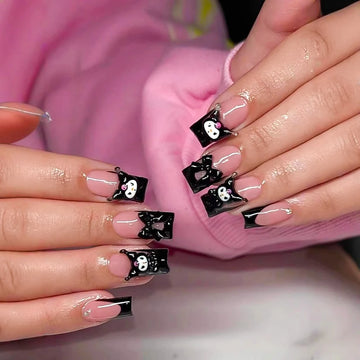 24 Hello Kitty Press On Nails | Cute Cartoon Black Square Fake Nails with Bow
