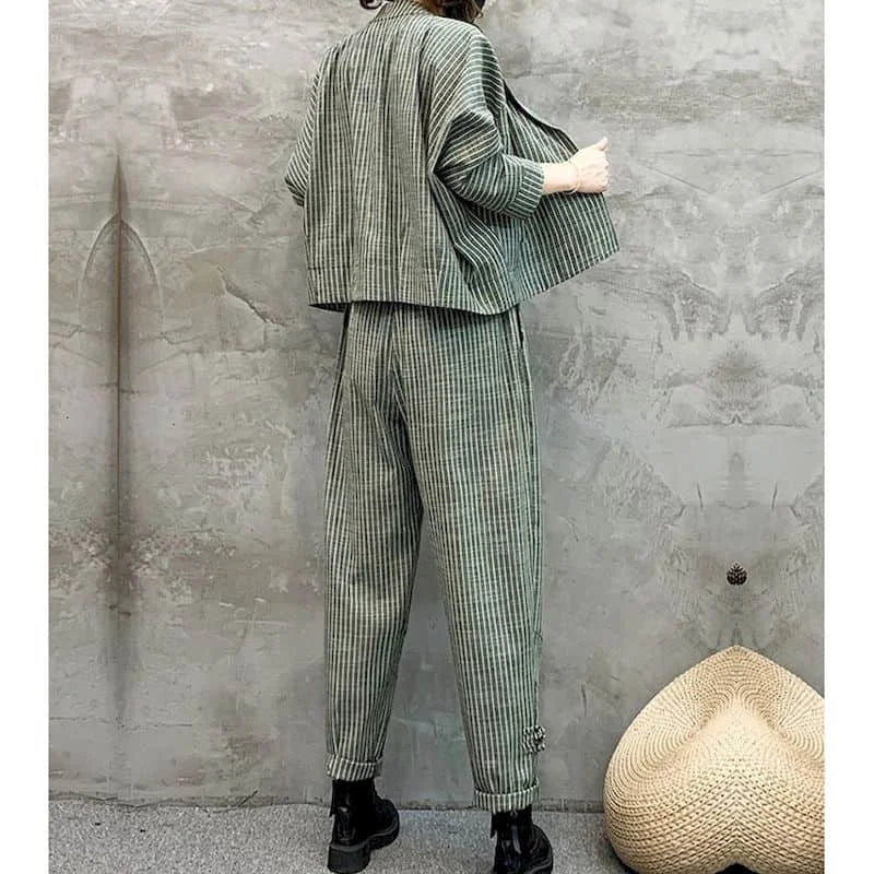 Vintage Pants Sets Long Sleeve Striped Coats and Casual Harem Pants Loose Harajuku Korean Style Two Pieces Sets Women Outfits