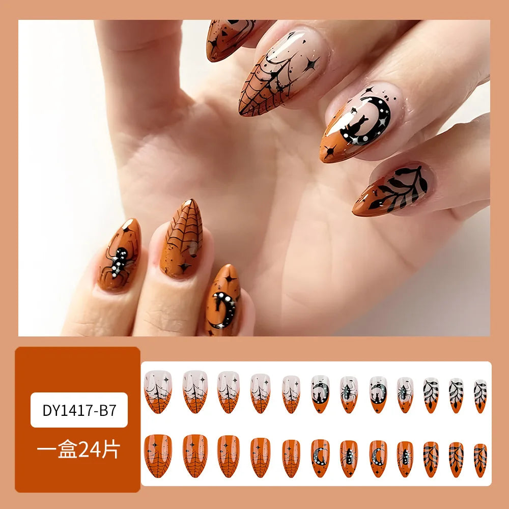 24 Spider Halloween Nails | Full Cover Orange Edge French False Nails | Short Almond