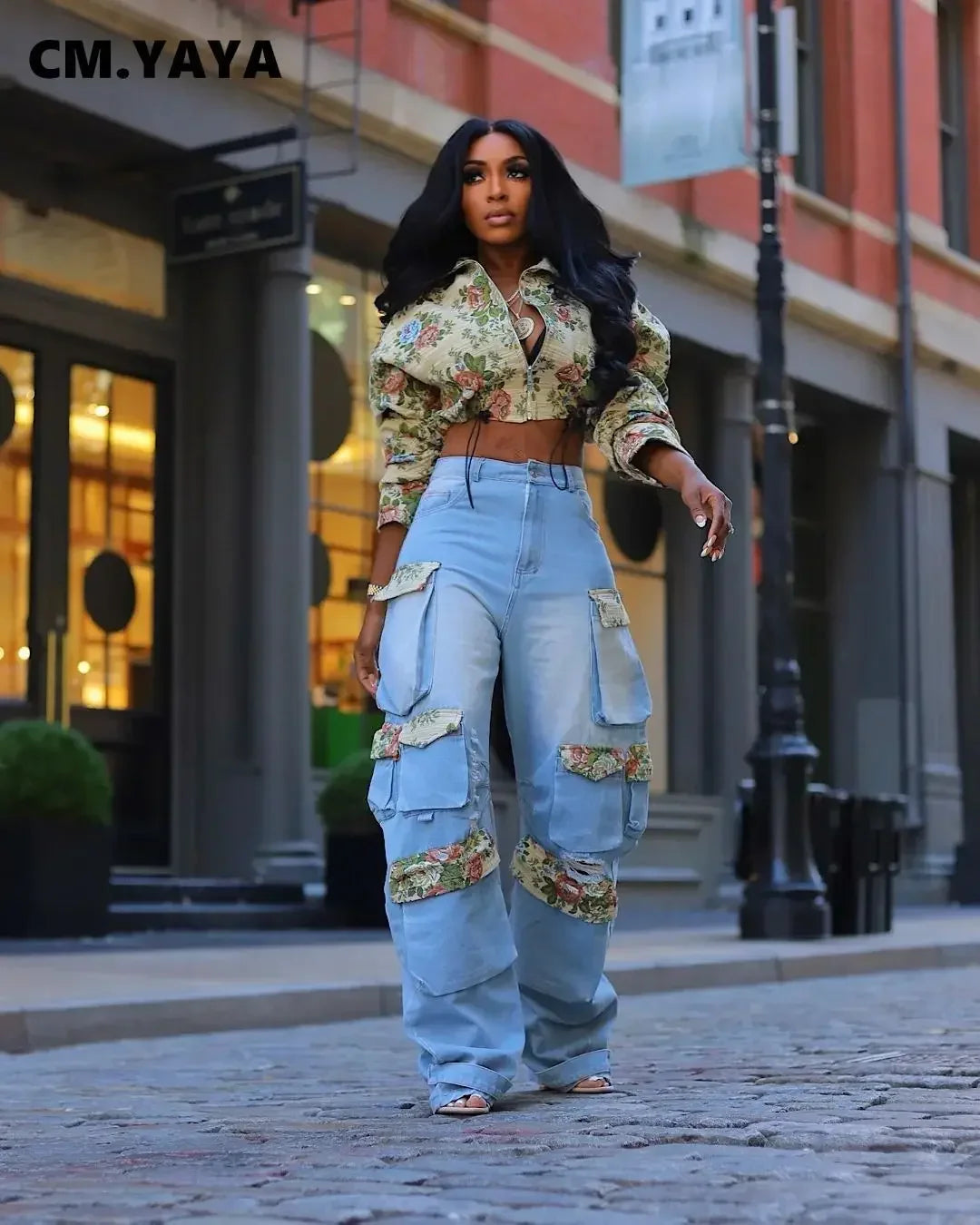 Floral Denim Jackets For Women | Cargo Pants | Street Two 2 Piece Set Outfit