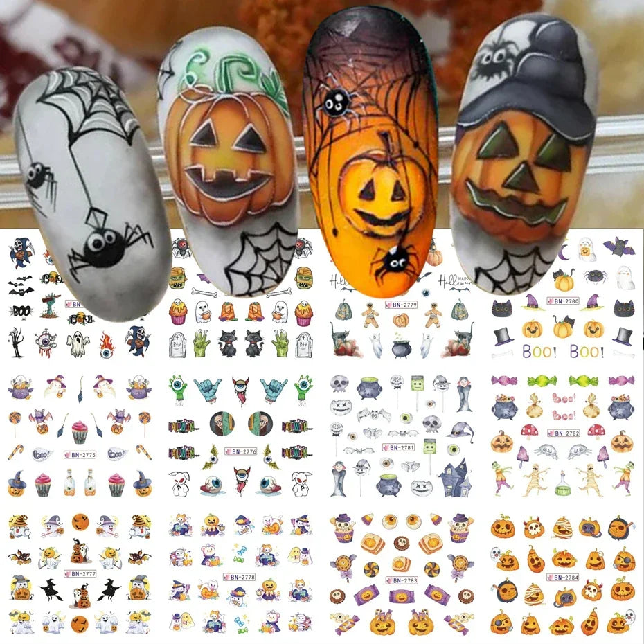 12pcs/set Halloween Spider Nail Art | Water Decals Cute Holiday Cartoon Design | Pumpkin Ghost Sliders