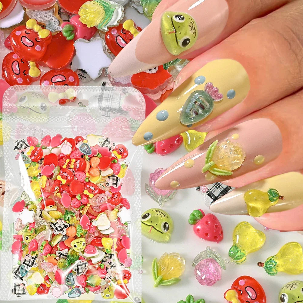 300pcs Cute Dark Cherry Red Nails | 3D Resin Little Star Snake Tulip Carrot Nail Art