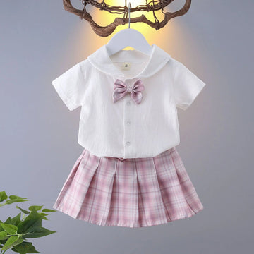 First Day Of School Outfit | Pleated Skirt + Short Sleeves Shirts | Summer Children Big Kids School Sweat Clothes