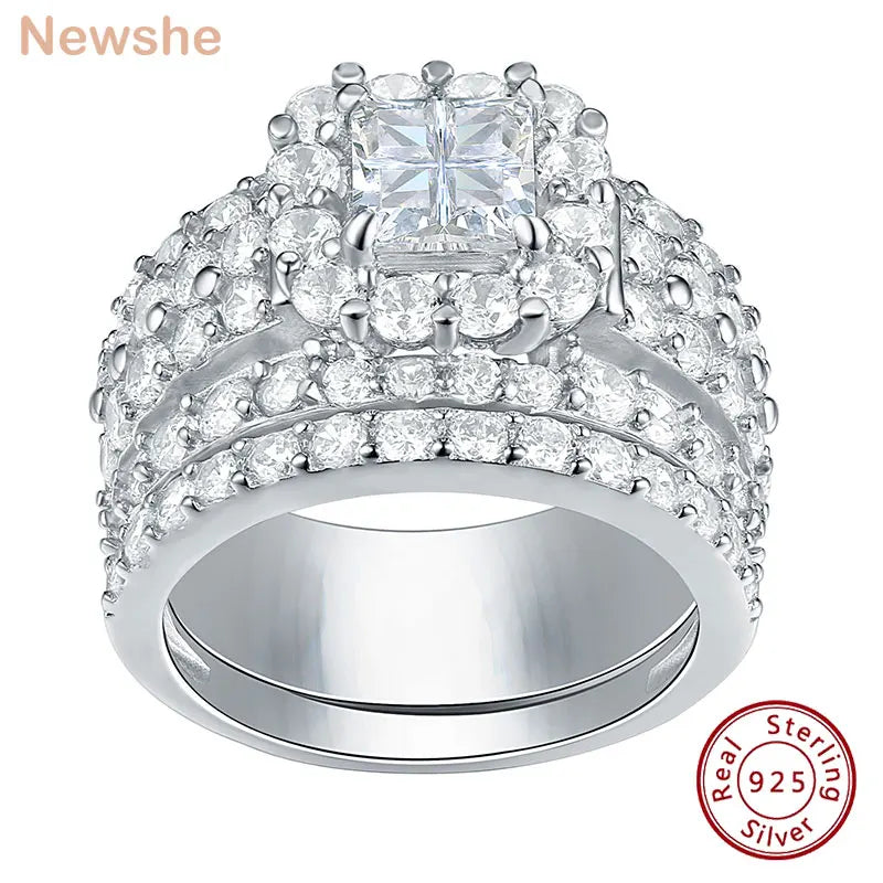 Newshe Halo Wedding Rings For Women 4 Carats Cross Cut AAAAA Zircon Classic Jewelry 925 Sterling Silver Engagement Ring Set
