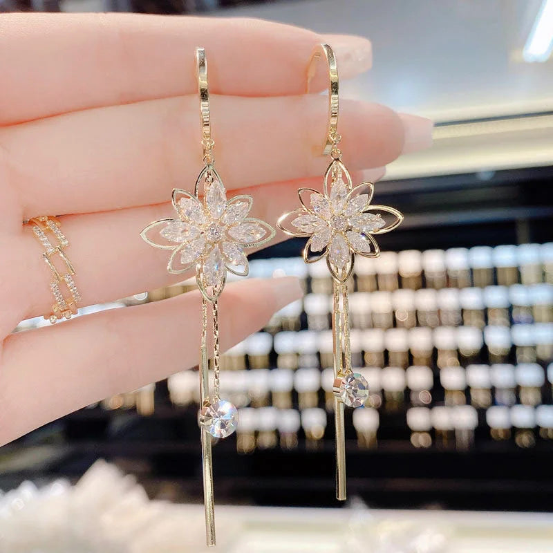 Luxury Crystal Floral Earrings for Women | Shiny Zircon Opal Long Dangle Earrings