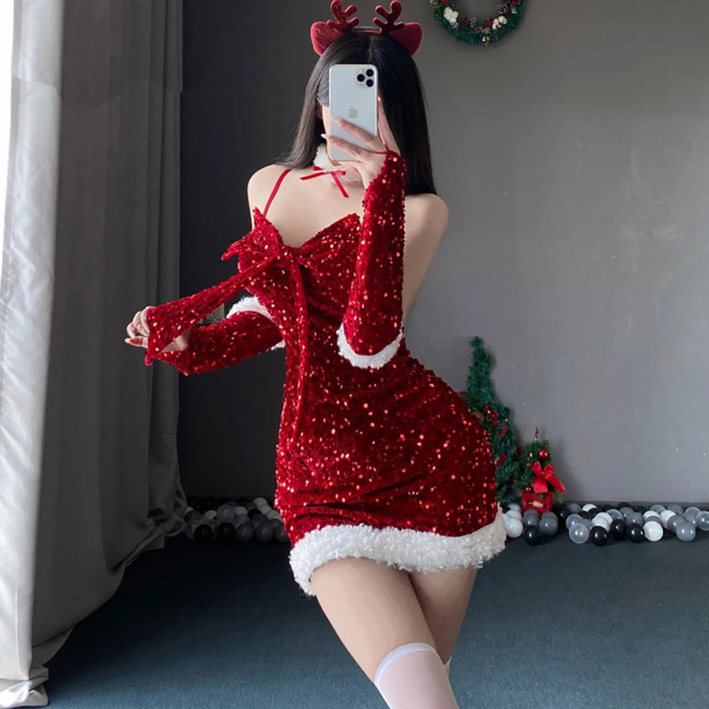 Red Christmas Glitter Dress |  New Year Red Dress Nightdress Uniforms | Lady Santa Claus Costume