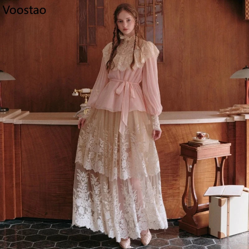 2 Piece Set Women Vintage | Lace Patchwork Long Sleeve Blouse Top Mesh Skirt Suit