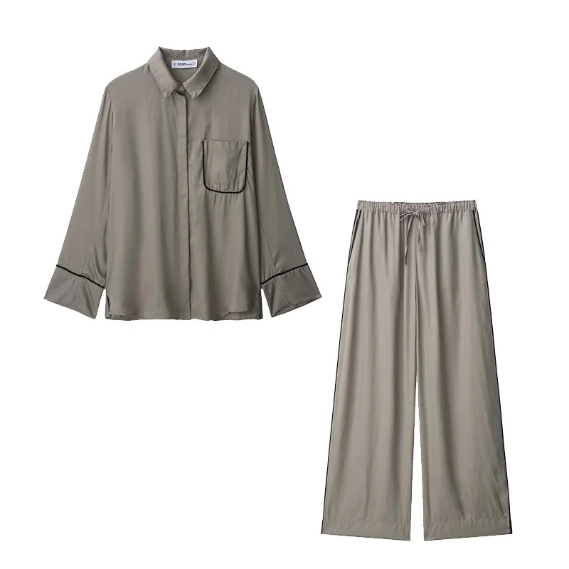 HipSeam Two Piece Pants Sets Casual | Women 2 Piece Set Long Sleeves Pajama Shirt Elastic Waist Trousers With Drawstring Women Outfit