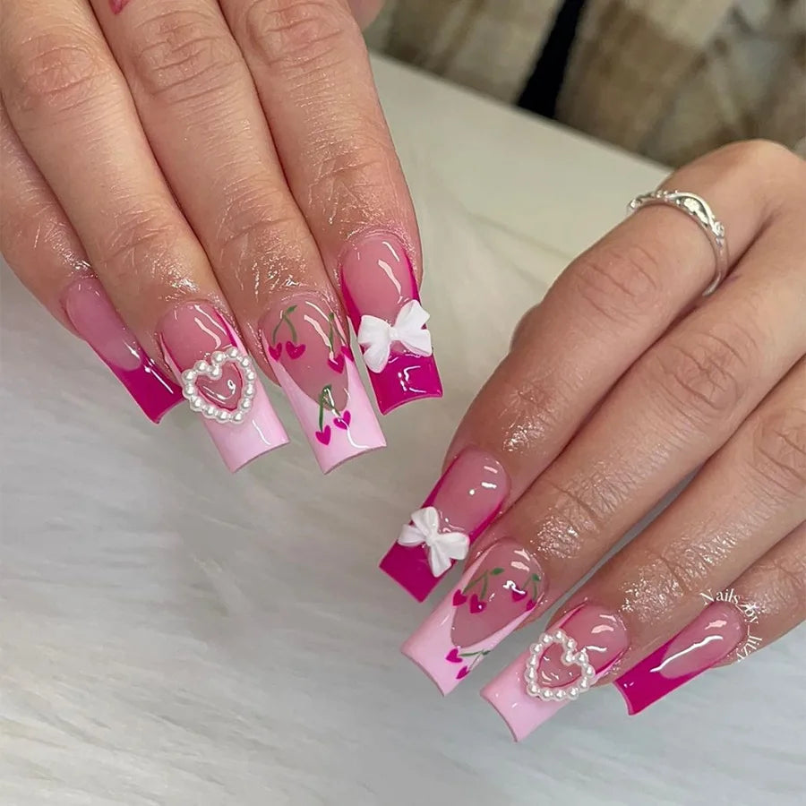 24 Strawberry Red Nails | 3D Strawberry Red French Sweet Fake Nails Wearable Fashion Nail Tips Art Summer