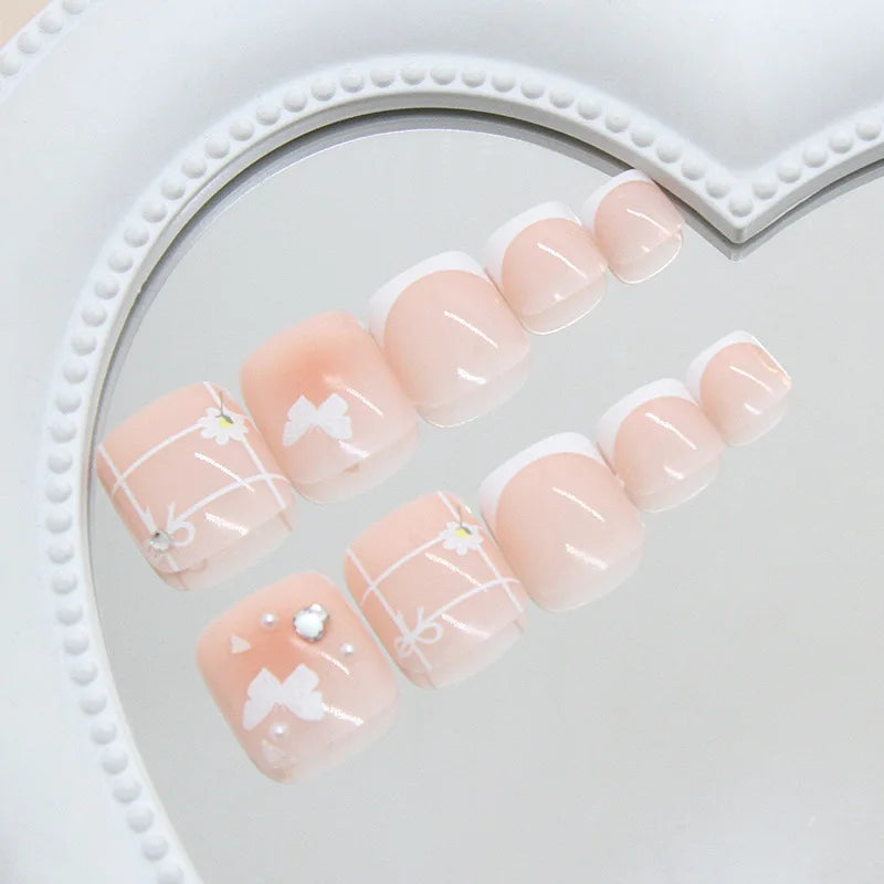 24Pcs Nude Toenails |White French Tips Fake Nails | Fairy Butterfly Flower Printed