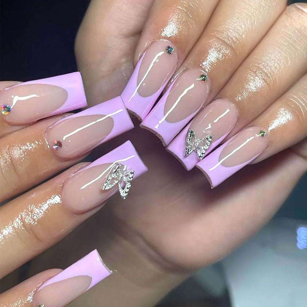 24 Coffin Nails Shape | Long Ballet False Nails French With Rhinestones Artificial Handmade coffin Fake Nails