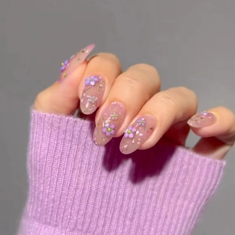 24  August Nails Ideas Almond | Gold Foil Decor Pink Almond False Nails | Easy to Apply