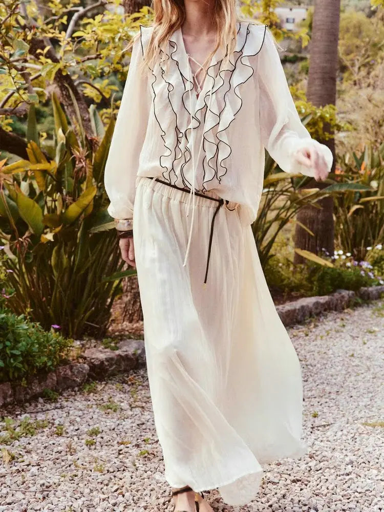 Women's 2 Piece Sets | Loose Translucent Lace-up Layered Blouse Shirt