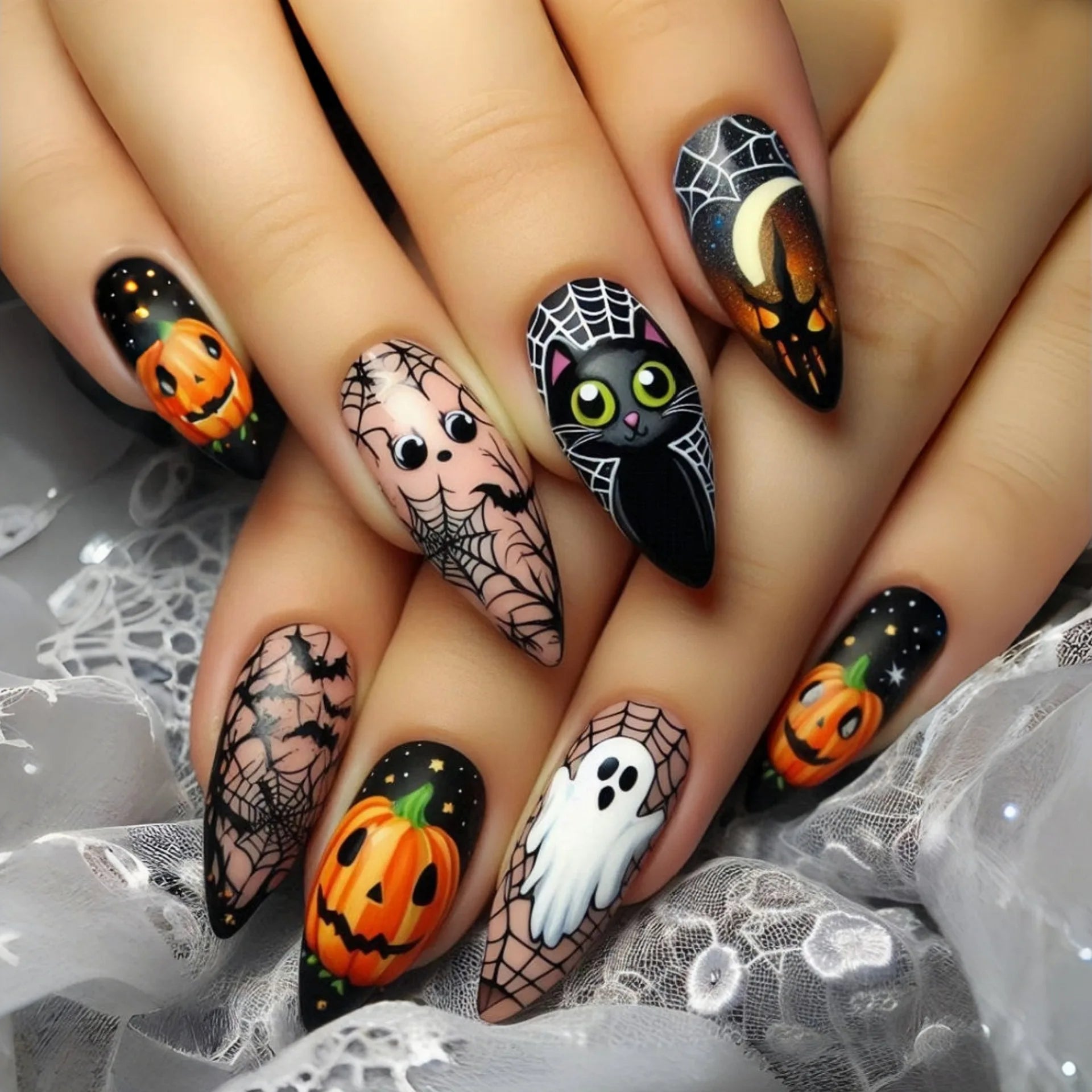 24 Halloween Nails Minimal | Spider Wed Black Cat Print Fake Nail