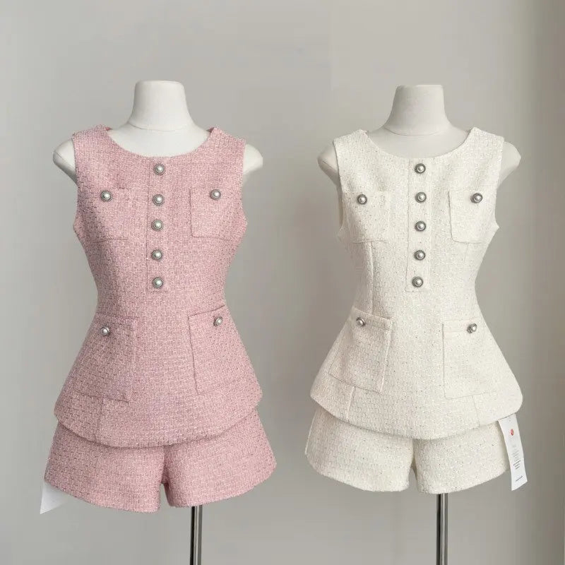 Summer Two Piece Outfits | High Quality Female Tweed Sleeveless Vest Top High Waist Shorts Set